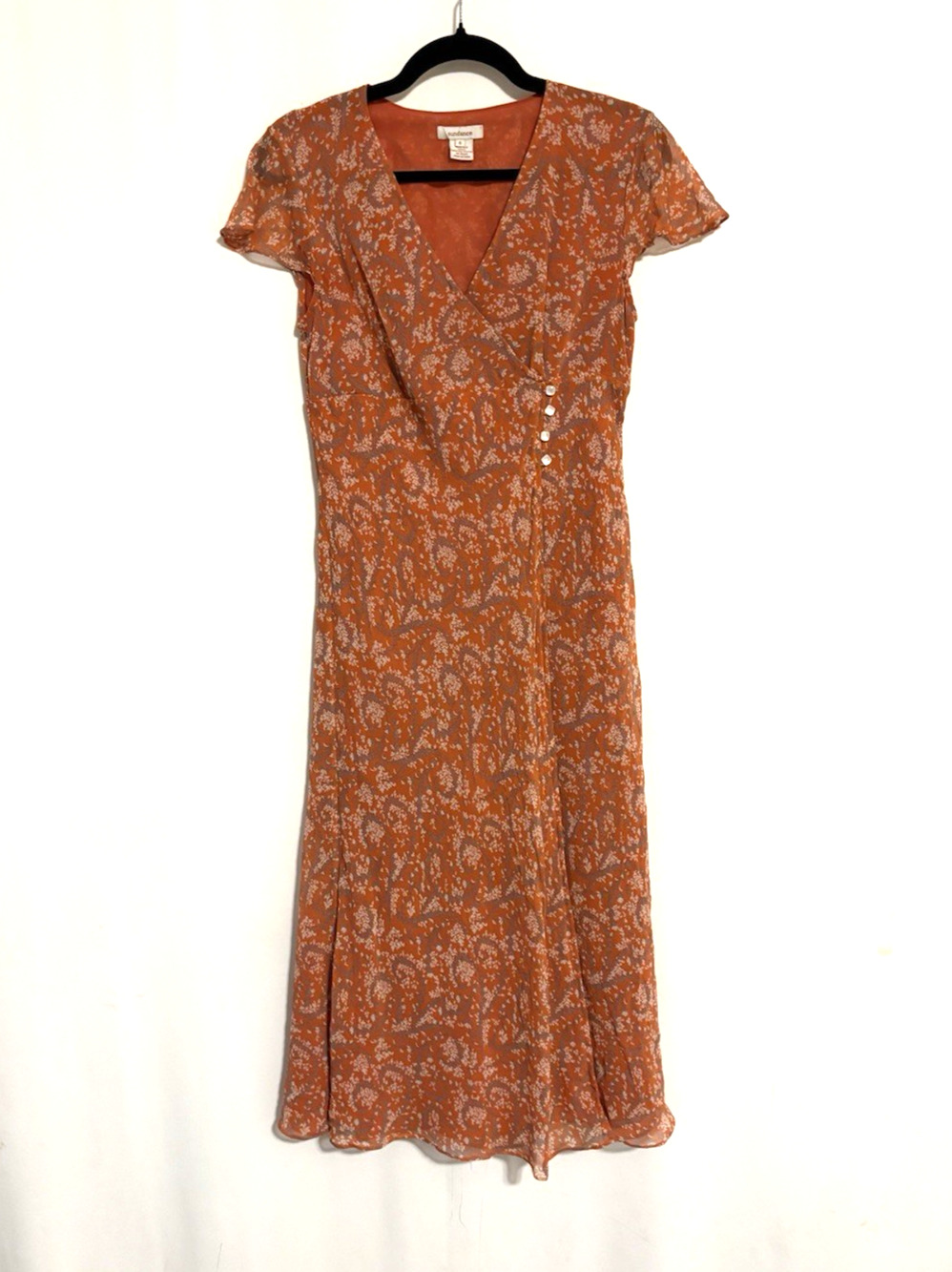 Sundance Dress 6 Orange Floral Midi Aline Vneck Boho
